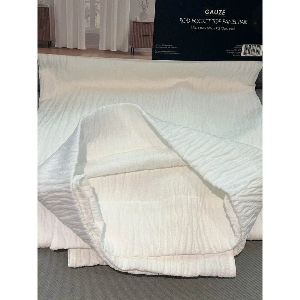 Tahari Home Gauze Rod Pocket Top Window Panel Pair White Textured 84” New